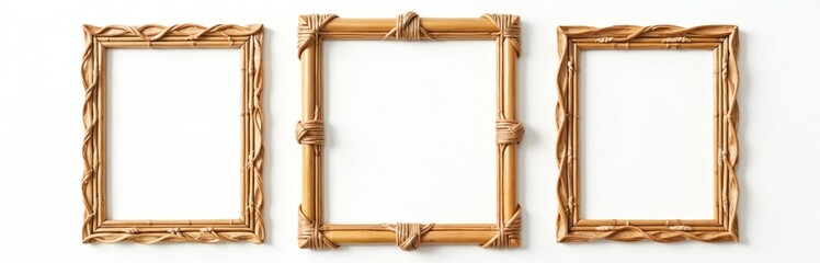 Three empty bamboo picture frames with various designs isolated on white background. Natural eco home decor accessories set. Rustic craft frames border, hand-made wall art. Add photos artwork into