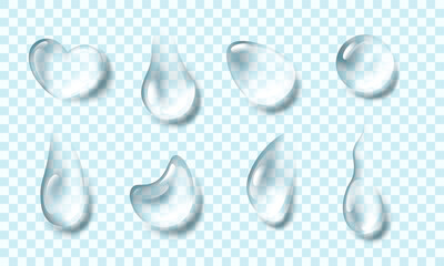Set of transparent realistic liquid water drops, dew. Vector illustration.