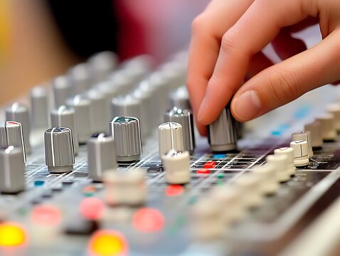 Hand adjusting sound board for event audio setup