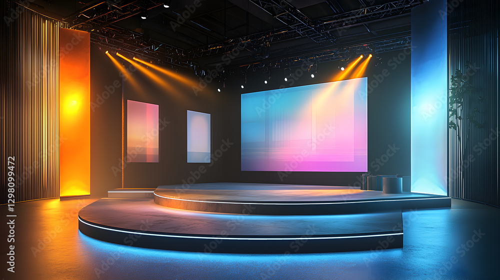 Poster dynamic lighting stage setup for events modern venue presentation environment artistic view visual c