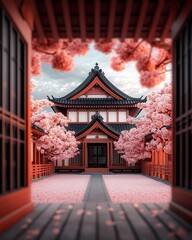 Blossom-framed view of temple; petals fall onto courtyard; architecture photo for travel, culture, and zen design