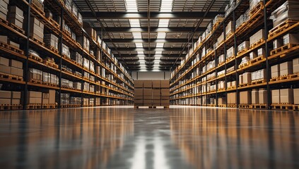 Fototapeta premium Extensive Warehouse Interior with Rows of Cardboard Boxes on Shelving
