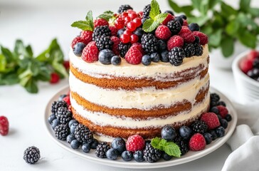 Layered sponge cake decorated with fresh berries including raspberries, blackberries, and blueberries on a white table setting with green foliage