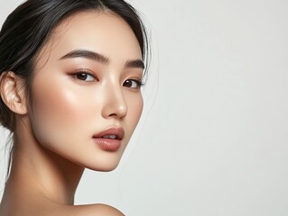 Fototapeta premium Elegant Asian woman with delicate skin and natural makeup, gazing at the camera, close-up portrait emphasizing skin tone and facial features, perfect for skincare advertising.