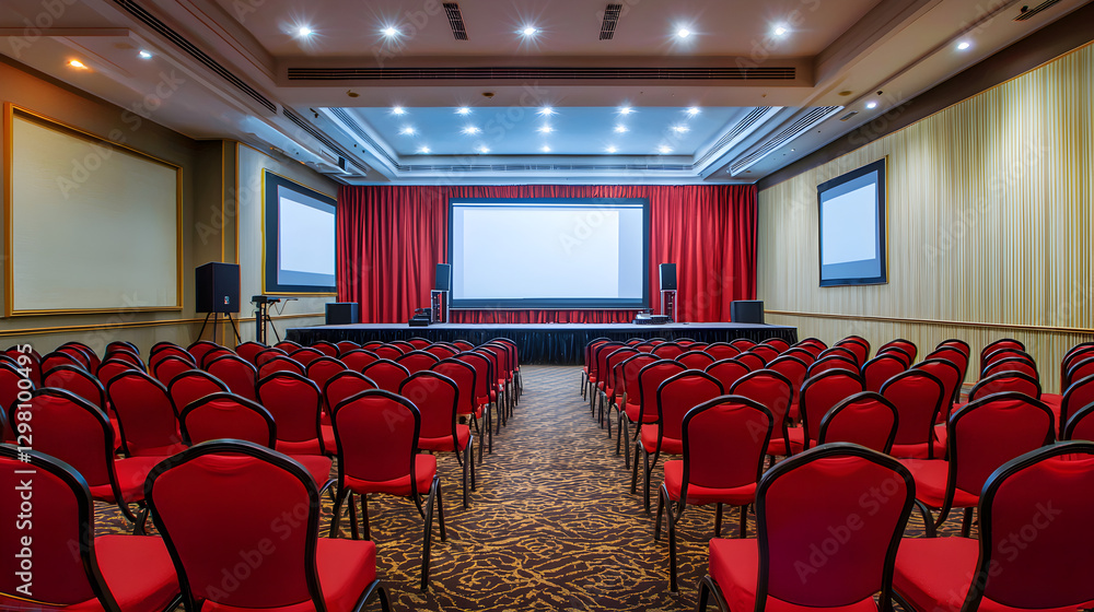 Poster conference setup in a modern venue meeting room event space professional environment wide angle view