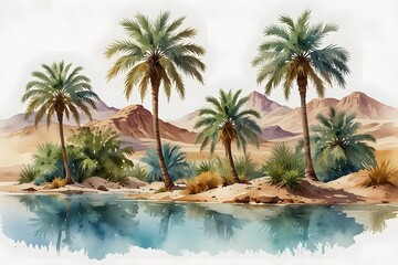 Tranquil desert oasis with palm trees and clear water in watercolor style