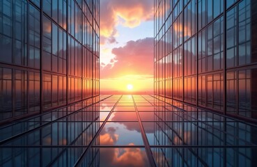 The image showcases glass building with sunset. Sky reflects in windows modern architecture. This urban landscape photo is perfect for showcasing real estate, finance or construction projects.