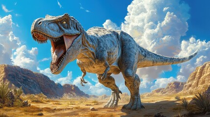 Fototapeta premium Majestic T-Rex dominates a sunlit desert, gazing right under a cerulean sky dotted with wispy clouds. Vibrant details bring this prehistoric scene to life