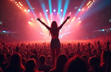 Girl silhouette performs on stage in front of crowd with raised hands. Music concert show in stadium arena hall. Active fans party at rock music festival event with light effects.