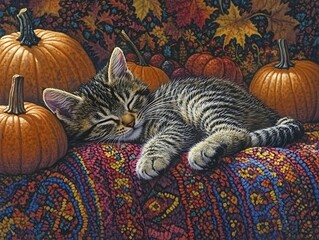 Obraz na płótnie Canvas Kitten naps amidst autumn pumpkins