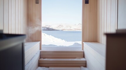 Fototapeta premium Enjoying a peaceful moment at a remote Nordic sauna retreat with stunning fjord views and the serene ambiance of a winter landscape