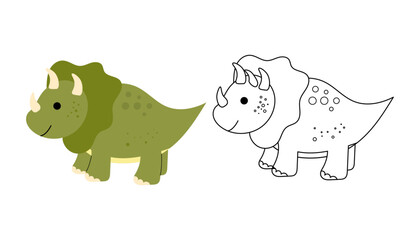 Cute triceratops, coloring book for kids. Green dinosaur. Children's coloring book with color example. Outline, coloring page. Vector illustration.