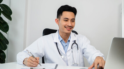 online medical consultation, doctor working on laptop computer in clinic office. telehealth and people on digital tech for diagnosis, online results and insurance