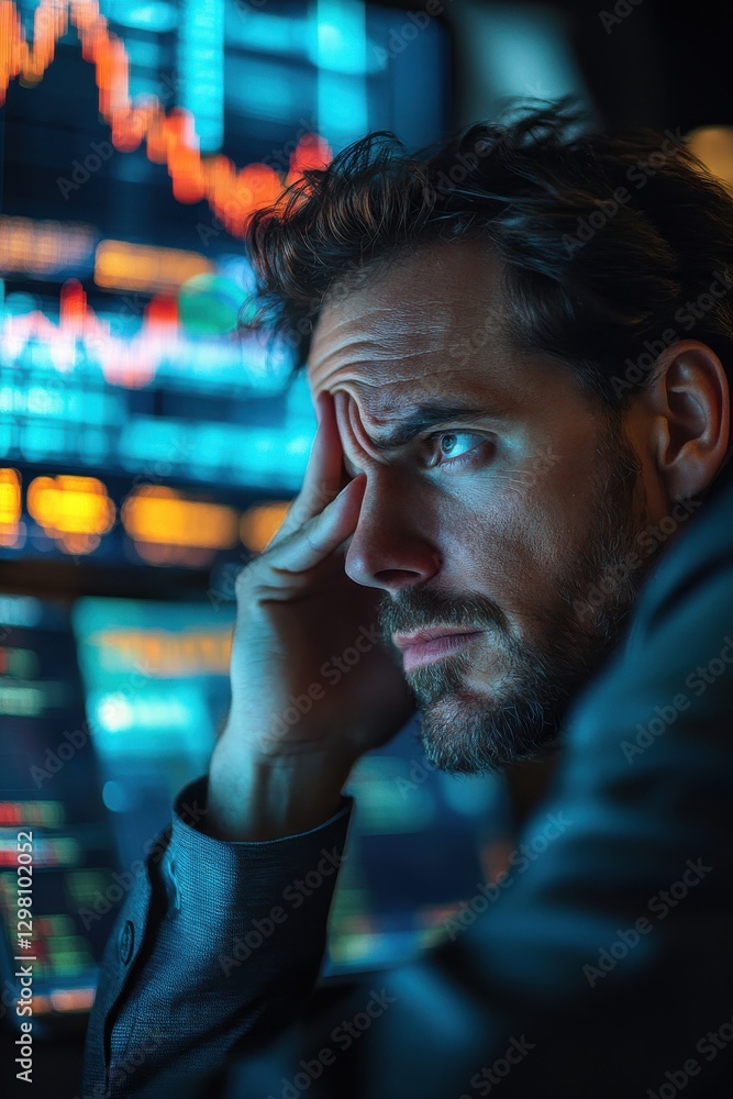 Poster portrait of a thoughtful trader in a vibrant stock market setting
