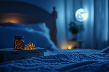 Nighttime tranquility: Melatonin gummies resting on a bedside table under soft moonlight, with a calming blue-toned HDR ambiance.