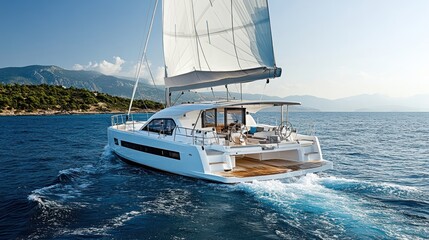 Fototapeta premium Luxury sailing catamaran cruising on calm blue sea.