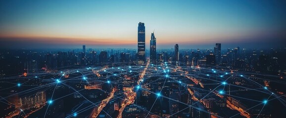 Night City Skyline with Illuminated Buildings and Towers
