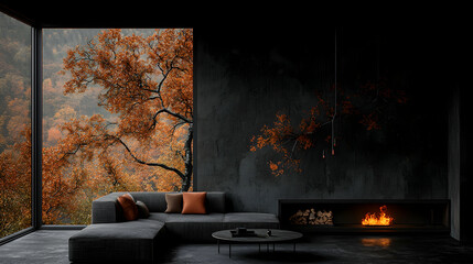 Autumnal mountain view from modern living room