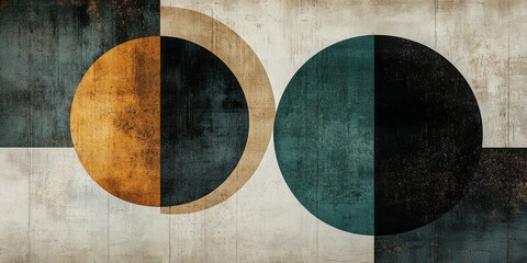 Abstract geometric artwork with circles squares and textural elements