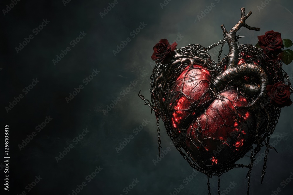 Poster artistic representation of a heart entwined with thorns and roses in a dark, atmospheric setting at 