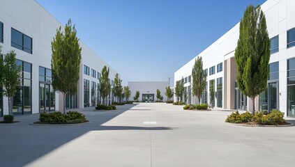 Modern White Commercial Building Complex With Courtyard