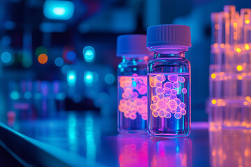 Neon-lit probiotic bottles on a lab bench, glowing bacteria motifs swirling inside, with soft bokeh test tubes in the background.