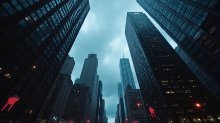 Stormy Sky Over Wall Street with Flashing Financial Tickers