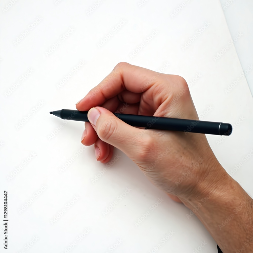 Poster close up of hand with stylus pen drawing on empty tablet screen. blank white display for writing, sk