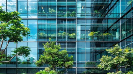 Architecture a modern glass building with a lot of green plants trees and bushes for business architecture environmental friendly, design, exterior, sky, garden