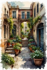 Fototapeta premium Urban enclave - hidden city gardens in watercolor style