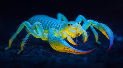 Deadly Bark Scorpion illuminated under ultraviolet light its translucent exoskeleton glowing eerily in the dark pincers raised and venomous stinger curled over its back poised to strike