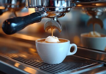 Fototapeta premium Professional coffee machine brewing espresso shot with creamy froth in white cup placed on metal surface within a modern café environment
