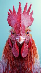 Vibrant close-up of a majestic rooster animal portrait studio setup colorful background detailed perspective wildlife art