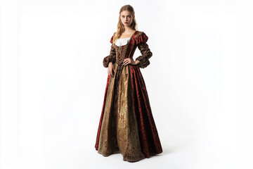 Young girl in a medieval dress isolated on a white background.