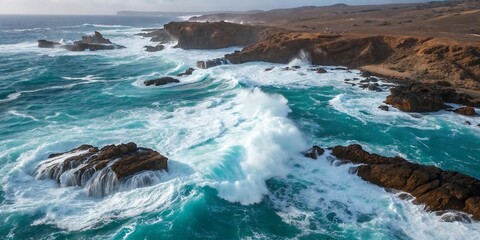 Dramatic ocean waves crashing against rocky coastline.