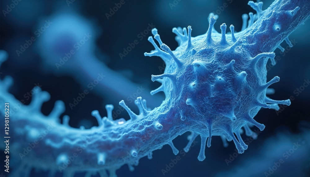 Poster microscopic view of blue virus cell infecting organism. abstract 3d render of viral cell structure, 