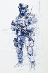 Detailed Pencil Sketch of Special Forces Soldier in Action with Equipment