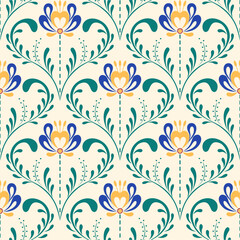 Colorful floral pattern with yellow and blue flowers and green vines. Ideal for fabric, wrapping paper, and spring-themed designs. Seamless vector illustration.
