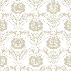  Soft floral pattern with beige flowers and intricate leaves. Great for wedding invitations, packaging, and home decor. Seamless vector design.