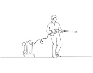 Continuous line drawing of worker use pressure washer machine. Single line illustration of man hold pressure washer. Worker, cleaner concept. Editable outline
