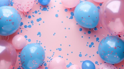 Celebrate, balloons and confetti background with copy space for festive gender reveal party, decor, balloon, birthday, fun, holiday, surprise, festive, happy