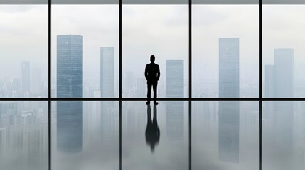 Fototapeta premium Job Decline style. Silhouette of a businessman looking out at a city skyline through glass windows.
