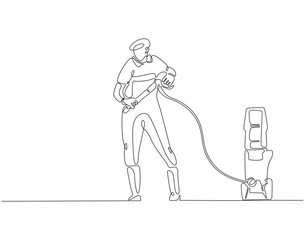 Continuous line drawing of worker use pressure washer machine. Single line illustration of man hold pressure washer. Worker, cleaner concept. Editable outline