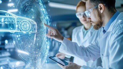 Scientists Discussing 3D Car Model In Lab Setting