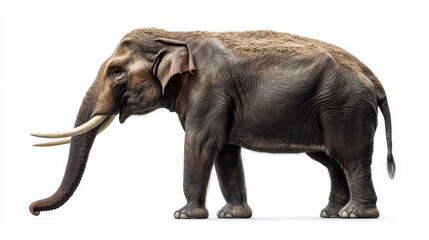 Fototapeta premium A majestic elephant faces left, its robust form cloaked in earthy mud. The distinctive trunk arches gracefully while powerful tusks catch the light