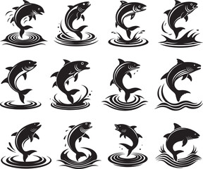 set of fish jumping water ripple silhouette, black and white silhouette, vector and illustration