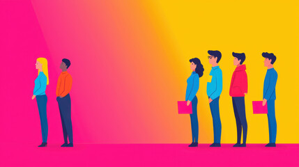 Job Decline style. Group of diverse people waiting in line against a vibrant gradient background.