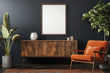 Cozy living room with orange armchair, wooden cabinet and plant
