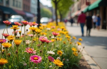 Colorful wildflower garden along city street corner. Flowers bloom next to sidewalk in urban landscape. Scenic view of nature blending with city life, people walking in background.