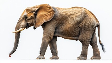 Fototapeta premium Gentle giant in repose, its elegant form bathed in warm hues. A majestic elephant turns left, revealing an intricate tapestry of light and dark browns across its textured skin